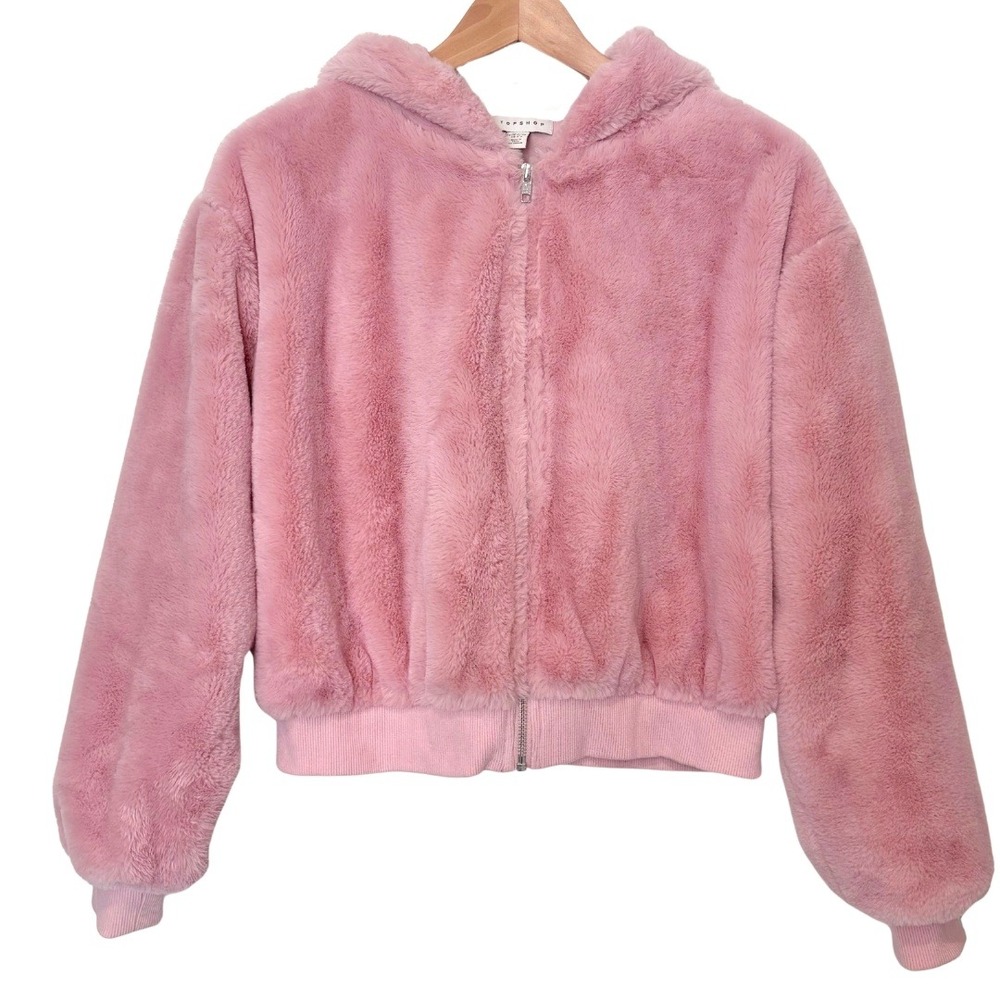 Soft Pink Teddy Zip-Up Cropped Bomber-Style Hooded Jacket – Topshop, S/M 4–6